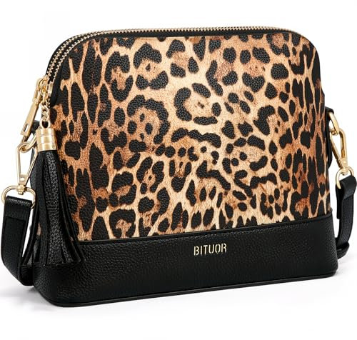 BITUOR Umhängetasche damen, PU Leder Crossbody Bag Damen Schultertasche mit Reißverschluss, umhängetasche klein, Leoparden umhängetasche damen Daypack
