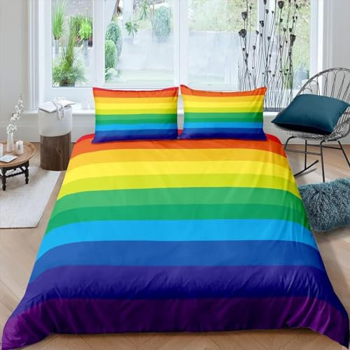 Qiwagu Bettwäsche 135x200 Lila Blau Gelb, Bettwäsche-Sets Regenbogen aus Weiche Atmungsaktiv Microfaser, Bügelfrei Wendebettwäsche Bettbezug 135 x 200 und 1 Kissenbezug 80x80 cm, Z33