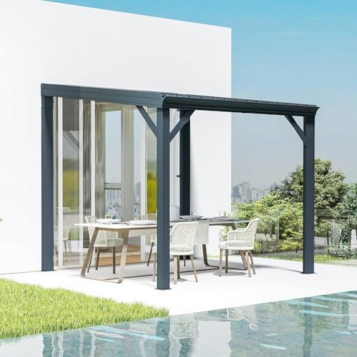 Domi Wandmontierter Pavillon, 3 x 3 m, Terrassenüberdachung mit eingebautem Entwässerungssystem, verzinktem Stahldach, Hardtop-Terrassenunterstand für Deck, Veranda, Hinterhof und mehr, Grau