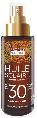 Sonnenöl SPF30 – UVA/UVB-Schutz – 84% natürlich – Duft Monoï – hergestellt in Frankreich – 100 ml Propos'Nature
