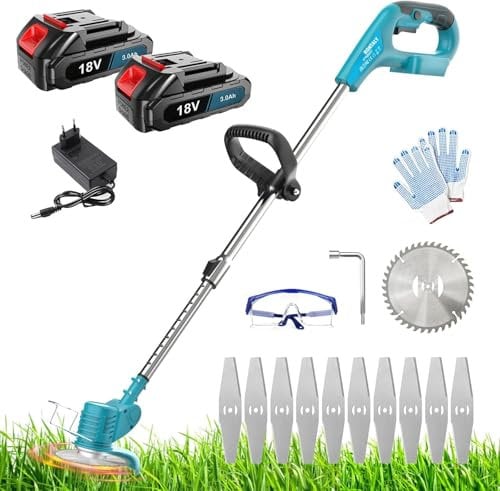 Tagliabordi a Batteria,Batteria per Makita 18V, Tagliaerba a Batteria Con 2 Batterie Da 3,0 Ah e Caricabatterie, Perni della Testa A 90 °, Maniglia Retrattile, per Tagliare L'Erba
