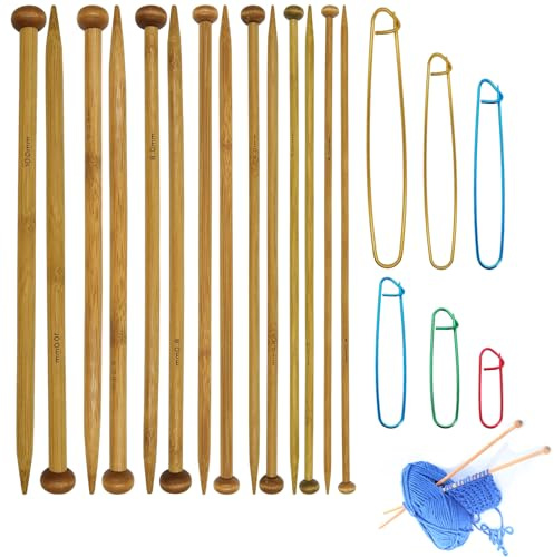 HINGTAI Lot de 7 paires d'aiguilles à tricoter en bambou, droites, lisses et à pointe unique, pour écharpes, couvertures et chapeaux – pour les débutants et les passionnés de tricot