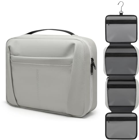 GAOCHY Trousse de Toilette Suspendue Hommes Femmes Sacs Voyage Trousse à Maquillage Imperméable Pliable Grande Capacité Organisateur Sac Articles de Toilette Format avec 5 Compartiments, Soie Gris-M