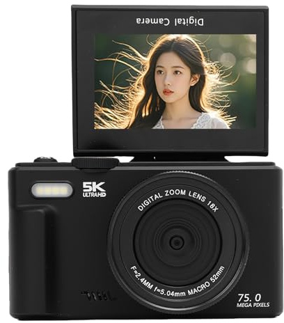 POENVFPO 5K-Digitalkamera, 75 MP WiFi-Vlogging-Kamera mit 3-Zoll-Klappbildschirm und 18-fachem Zoom für Reisefotografie und Selfies (Black)