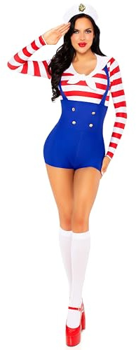 LEG AVENUE Damen Matrosin Kostüm, Fasching, L, Multicolor, Polyester, Gestreiftes Oberteil mit Shorts und Mütze