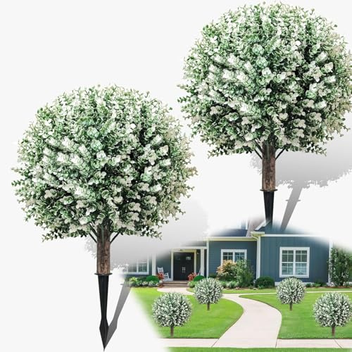 Set di 2 palline artificiali di bosso, 61 cm, pianta artificiale con picchetto, resistenti ai raggi UV, piante artificiali per vaso di fiori, ufficio, giardino