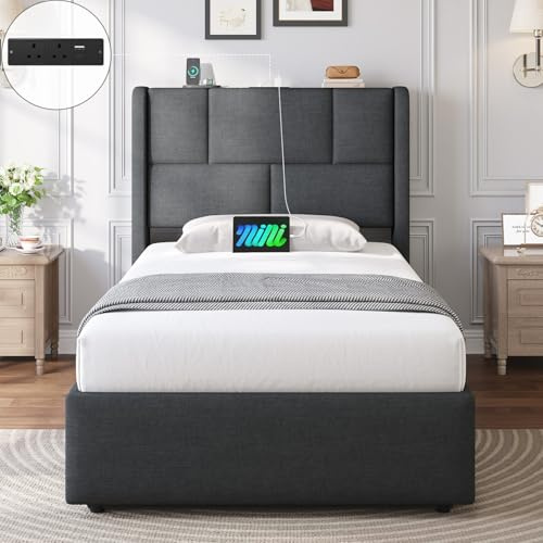 Brinlawb 3ft Ottoman Single Bed Frame with Hydraulic Lift-Up Storage, Upholstered Bed Frame Single with Height-Adjustable Headboard & Charging Station, Ample Under-Bed Storage Space, 90x190 cm, Grey