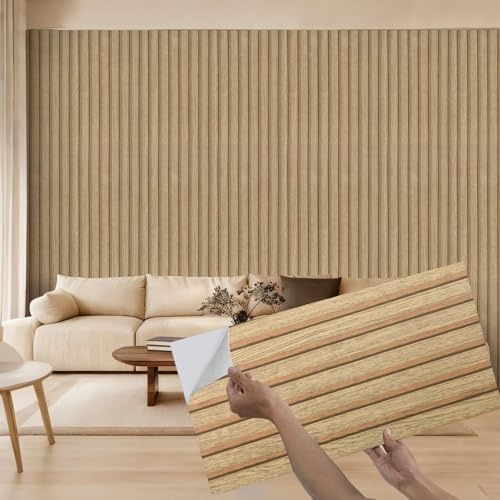 Takezuaa 40 Stück Selbstklebende Holzlatten Wandpaneele 30×60 cm, Braun Holzoptik Fliesenaufkleber, Fliesendekor Schallabsorbierende PET Wandpaneele für Wohnzimmer, Büro & Schlafzimmer