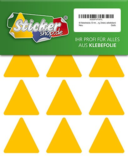 48 Aufkleber, Dreieck, Sticker, 50 mm, gelb, PVC, Folie, Vinyl, glänzend, Klebemarkierung, selbstklebend