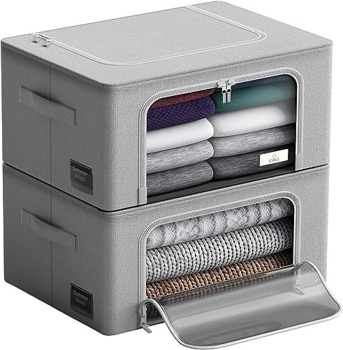 Sorbus Clothes Storage Organizer Bins,Stackable & Foldable Fabric Container Set with Large Clear Window & Carry Handles,For Bedroom, Closet, Linens, Blankets, Clothing, Bedding, & Comforters (Gray)