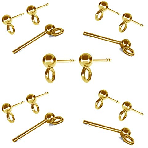 DIY925 5 Paar Ohrstecker 925 Sterling Silber 24K vergoldet mit 3mm Kugel Ohrschmuck Rohling für die Schmuckherstellung DIY