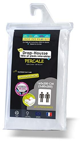 Linge des Familles - Drap Housse 2x80x200 - pour Lit Articulé 160x200 TPR - 100% Coton Percale - Blanc - Grand Bonnet 30 cm - Elastique Tout Autour - Label Oeko-TEX® Standard 100 - Made in Europe