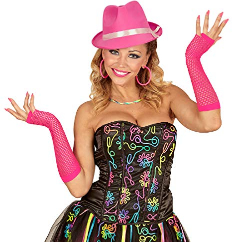 NET TOYS Extravagante 80er Jahre Netz-Handstulpen - Pink 33cm - Knalliges Damen-Kostüm-Zubehör Fingerlose Handschuhe neon - Bestens geeignet für 80er-Party & Karneval