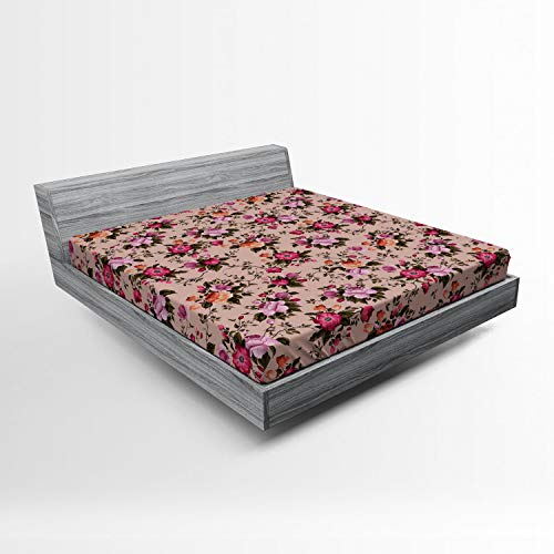 ABAKUHAUS Blume Spannbetttuch, Blumenmuster mit Rose, Soft Dekorativer Stoff Bettwäsche Rund-um Elastischer Gummizug, 140 x 200 cm, Dunkelgrün Rosa