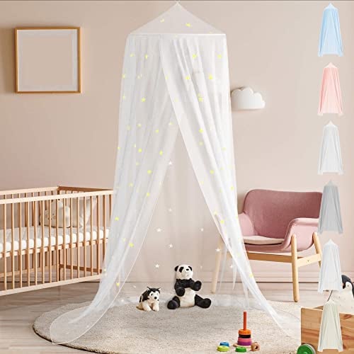 BEARTOP Baldachin Kinderzimmer | 6 Farben | ohne Bohren | Tüll | mit stabilem Ring | Ring Wird in Stoff gesteckt | Saumlänge ca. 270cm | Für Kinderzimmer, Spielzimmer UVM. | Transparent mit Sternen