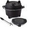 Grillfürst Dutch Oven Set ca. 9 Liter - stabil stehender Feuertopf durch spezielle T-Füße, hitzebeständiger Gusseisen Topf, Deckel als Pfanne nutzbar, DO 9 inkl. Deckelheber und Feuerrost