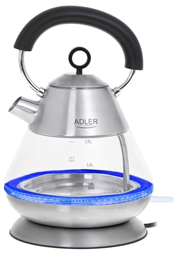 ADLER AD 1282 Hervidor de Agua Eléctrico de Cristal 1,5 Litros, Vidrio sin BPA, Retroiluminado, Diseño Vintage - Moderno, Apagado Automático, Inalámbrico 360º sin Cable, 2200W