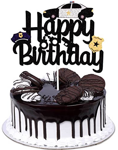 Police Happy Birthday Cake Topper - Policeman Officer Birthday Party Black Glitter Police Car Cake Topper - Kids Boy Cops Happy Birthday Party Cake Decoration