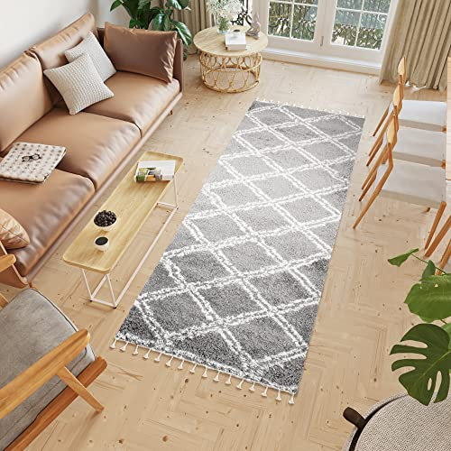 TAPISO Boho Teppich Läufer Kurzflor Shaggy Dunkelgrau Creme Karo Doppelt Streifen Fransen Schlafzimmer Wohnzimmer Design Modern 100 x 400 cm