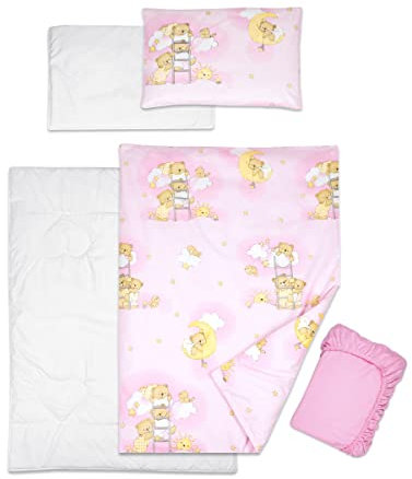5 Piece Baby Bedding Duvet Pillow with Covers & Jersey Sheet fits 120x60cm Cot Bed (Ladders Pink)