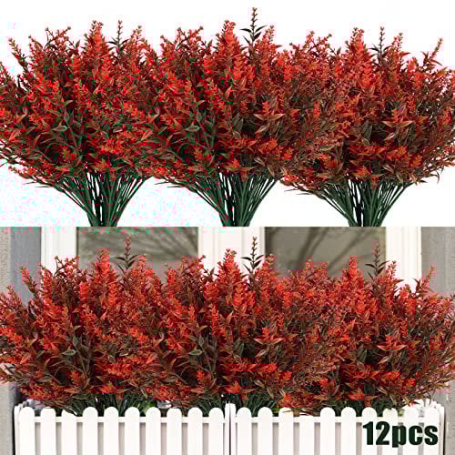 Artificial Outdoor Plants UV Resistant Artificial Greenery Lavender 12 Bundles UV Resistant Hanging Planter Flora Fence Indoor Outside Decor Wedding Table Flowers Arrangement Bouquet Filler (Orange)