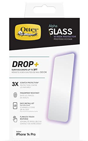 OtterBox Alpha Glass Displayschutz für iPhone 14 Pro, gehärtetes Glas, x3 Kratzschutz, übersteht Stürze bis zu 0.9m, antimikrobieller Schutz