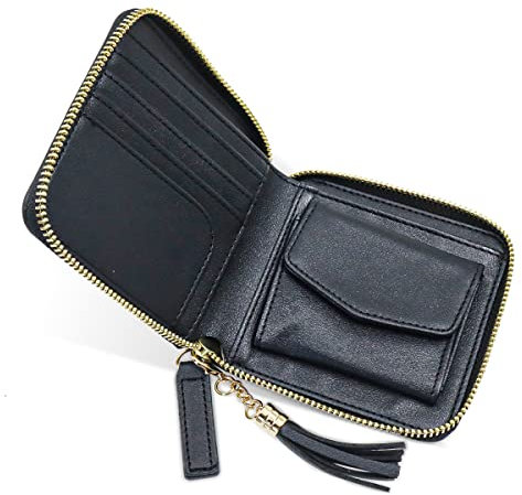 Thatyro Portafoglio piccolo con cerniera multislot, da donna, con blocco RIFD, piccolo portafoglio compatto in pelle bifold con tasca con cerniera, porta carte per donne e uomini, Nero , 11 x 11 CM,