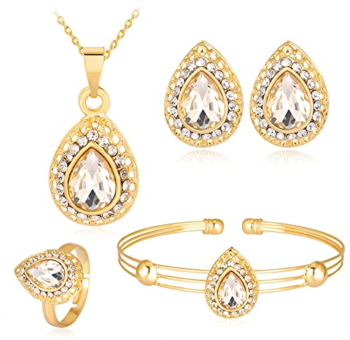 QKEPCY Schmuckset Ohrring/Halskette/Armband/Ring für Damen und Mädchen Wassertropfenform Anhänger Halskette Ohrringe Armband und Ringe Set Passend für Frauen Hochzeit Prom Partei (Weiß)
