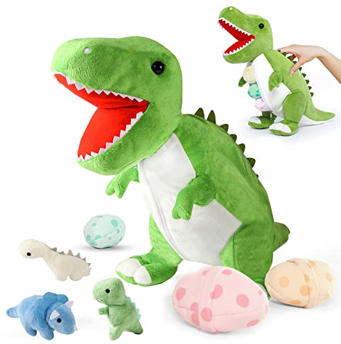 corgi butt 23,6 ''Dino Kuscheltier Mama Stehendes Spielzeug Plüsch Dinosaurier mit 3 Kleine Plüsch Mini Dinosaurier Weiche Kuscheltiere Geschenk für Kinder, Freunde