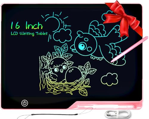 DCV 16 Inch LCD Drawing Board, Rechargeable Colorful Drawing Tablet, Reusable Writing Board with Lock&Delete Function, Doodle Scribbler Pad Educational Toys for Kids Age 2-9 Year Old Girls Boys- Pink