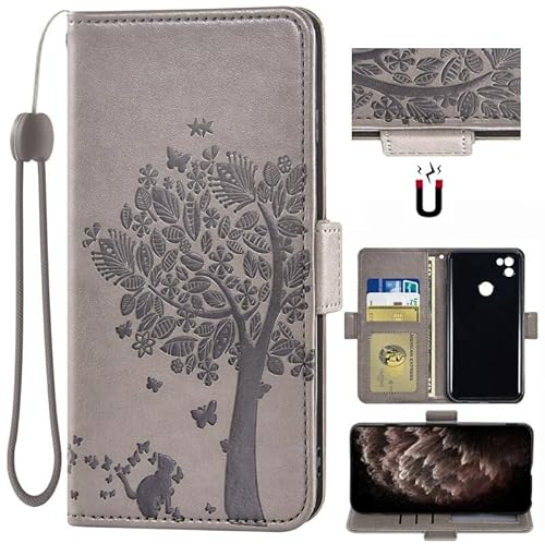 Auotu PU Leder Flip Brieftasche mit Baum Pattern Handyhülle Lederhülle Cover Tasche Case Hülle Etui für Gigaset GS5 / Gigaset GS5 Lite / GS5 Senior / GS5 Pro Smartphone (Grau)