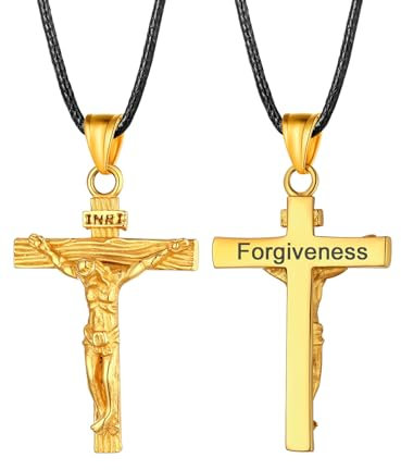 U7 Faith Catholic Necklace Cross Pendant Gold Plated Jesus Jewellery For Men Women Leather Cord