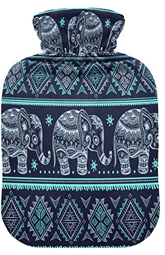 Ethnic Indian Floral Elephant Hot Water Bottle with Cover, 2 L Transparent Hot Water Bag Hot Cold Compress, Great for Cramps Back Shoulder Pain Relief, Kids Men Women Hand Foot Warmer
