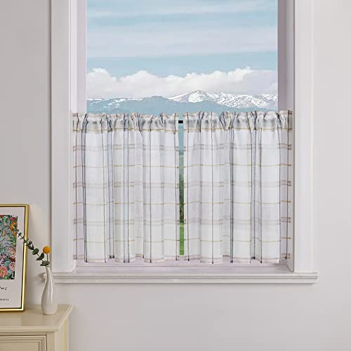 Delien 2er Set Bistrogardinen Plaid Landhaus Scheibengardinen Kariert Gingham Muster »Karo« Küchengardinen Kurz Dekoschals Kleinfenster Gardinen mit Tunnelzug BxH 90x45cm,Blau
