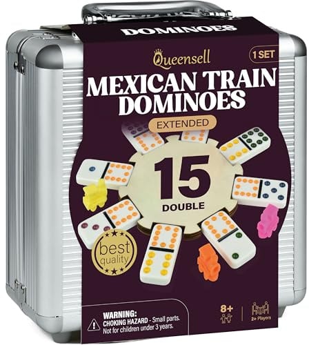 Queensell Mexican Train Domino-Set Doppel 15 für Erwachsene und Familien, Mexican Train Doppel 15 Domino-Set mit farbigen Punkten - 136 Spielsteine, 9 Züge, Holznabe, Aluminiumkoffer