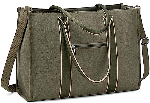 Laptop-Tragetasche für Damen, Arbeit, 15,6 Zoll (39,6 cm), Segeltuch, Umhängetasche, Computer-Handtasche, Lehrer-Handtasche, Büro-Aktentasche, C-army grün, Large, Klassisch schlicht