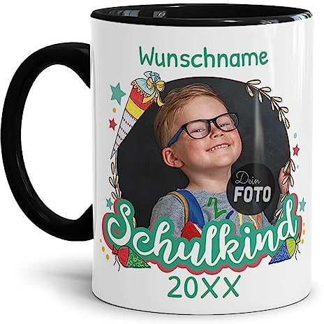 Tassendruck Personalisierbare Tasse zur Einschulung - Schulkind mit Foto, Name und Jahr personalisiert - personalisierte Geschenke zur Einschulung Jungen | 300ml, Innen & Henkel Schwarz