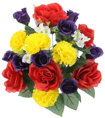 Admired By Nature 24 Stem Artificial Flowers Roses Carnation Blossom Mixed Bush Spring Faux Flower Indoor Wedding Home Decor, Cemetery Decorations for Grave, Red, Yellow, Purple