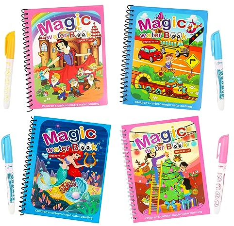 Lot de 4 Livre de Coloriage a L’Eau, pour Enfants,Livre Magique avec Stylo à l'eau, Réutilisable Magic Water Book pour Enfants, garçons, Filles, pour Tout-Petits, Cadeau de Noël (style two)