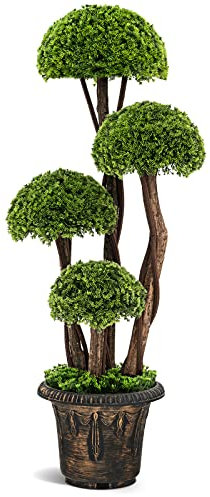COSTWAY Kunstpflanze 90 cm, künstliche Grünpflanzen mit 4 Kugeln & realistischem Stamm, dekorativer Kunstbaum mit Topf, Dekopflanze Zimmerpflanze, Zypressenpflanze für Zuhause Büro Eingang, Grün