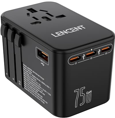 LENCENT 75W Universal Reiseadapter, GaN Internationales Schnellladegerät mit 3 PD3.0 Typ C+2 QC USB A, Weltweiter Adapter für Handys, Laptops, All in One Reiseadapter für EU/USA/UK/AU Steckdosen