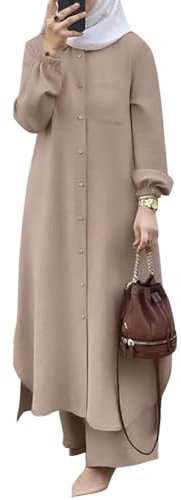Odizli Abaya Muslim Damen Gebetskleidung für Frauen Muslimische Islamische Langarm Button Down Lang Hemd + Hose Zweiteiler 2 Teiler Loungewear Set Gebetskleid Ramadan Outfit Khaki S