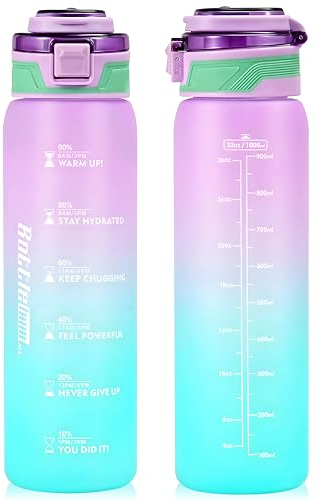 SEASEVEN Sports Water Bottle 1L,Plastic Drinks Bottle,1 Litre Water Bottles with Time Markings,Waterbottle Leak Proof and Bpa-Free for Gym,School, Office, Outdoor (Purple Cyan)