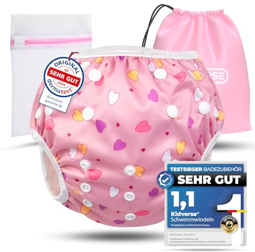KIDVERSE Schwimmwindel Baby Badehose 0-3 Jahre - Hautfreundliche Schwimmwindeln wiederverwendbar & saugstark - Größenverstellbare Badewindel Baby Schwimmhose Tragetasche & Wäschenetz (Rose Hearts)