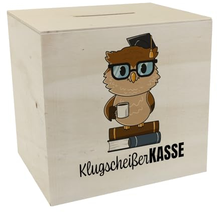 Eule Spardose aus Holz mit Spruch Klugscheißer-Kasse Ideal zum Sparen für Abschluss Schule oder neuen Fernseher Belustigt Gäste