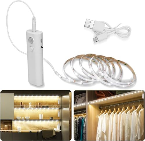 UNIKS 2M Striscia Led con Sensore di Movimento, Batteria Ricaricabile, 6000K Bianco Freddo, Luce Notturna per Bambini, Camera da letto, Armadio, Corridoio, Cucina