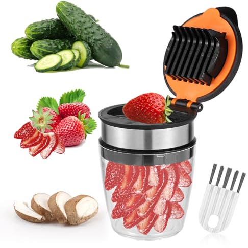 Trancheuse à Fraises avec Brosse de Nettoyage, Robuste en Acier Inoxydable Trancheuse à Fruits Trancheuse à Oufs Multifonctionnelle Coupe-Fruits pour Bananes Fruits et Légumes Mous Cuisine