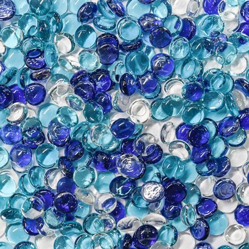 Hiziwimi 800Pcs Decorative Glass Pebbles, Sky Blue Cobalt Blue Transparent, 3600G Pack Size,17-20MM Round Flat Smooth Glass Gem Flat Stone Beads, Aquarium Garden Pot Deco, Craft Vase Stuffing