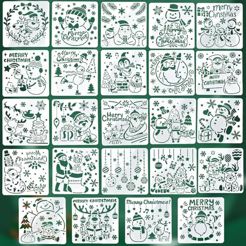 ADERTOS 24PCS Modèle de Pochoirs de Noël Pochoirs de Peinture Artisanale en Plastique Réutilisables 13 * 13CM Pochoirs de Peinture de Dessin Père Noël pour Cartes de Noël DIY, Décoration de Noël
