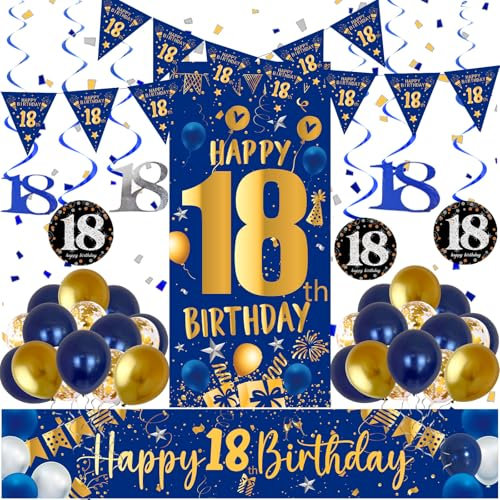 18th Birthday Decorations for Boys Girls Blue and Gold Happy 18th Birthday Banner 18 Birth day Balloons Bunting Happy Birth day Door Banner Confetti Balloons 18 Birth day Backdrop Hanging Swirls
